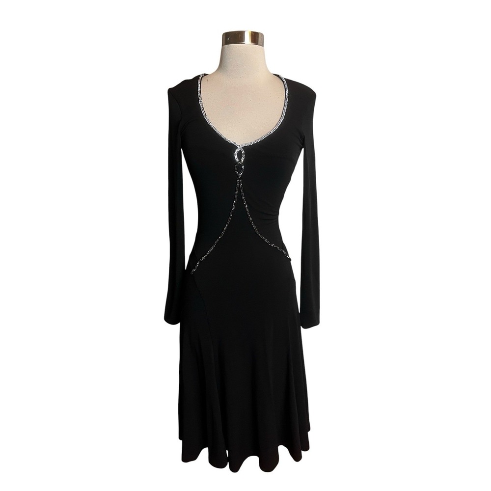 Bluemarine Dress Size 42 Black Embellished Neckline Long Sleeve Jersey